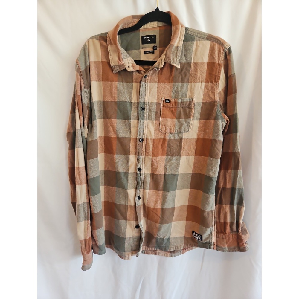 Quiksilver Men's Large Plaid Flannel Shirt Brown Green Regular Fit Button-Up